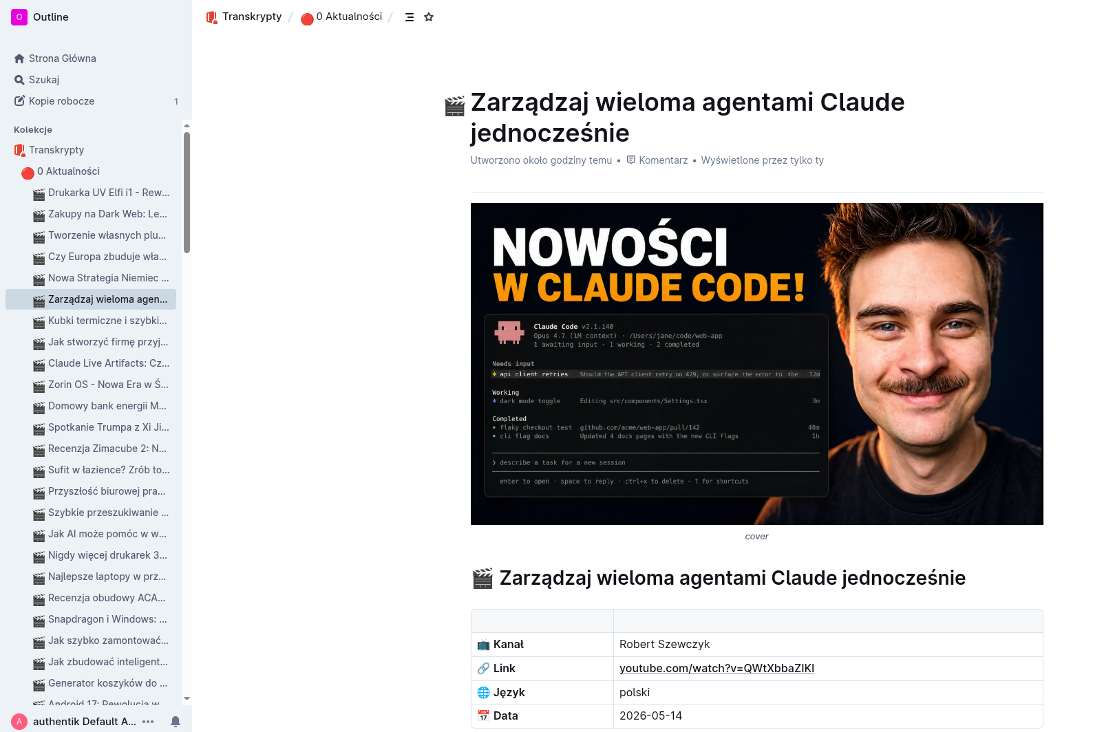 Outline — otwarty dokument z transkryptem i streszczeniem