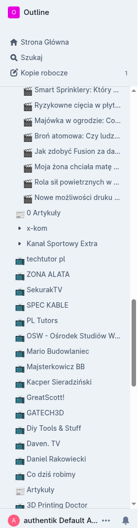 Outline — panel boczny z folderami kanałów YouTube