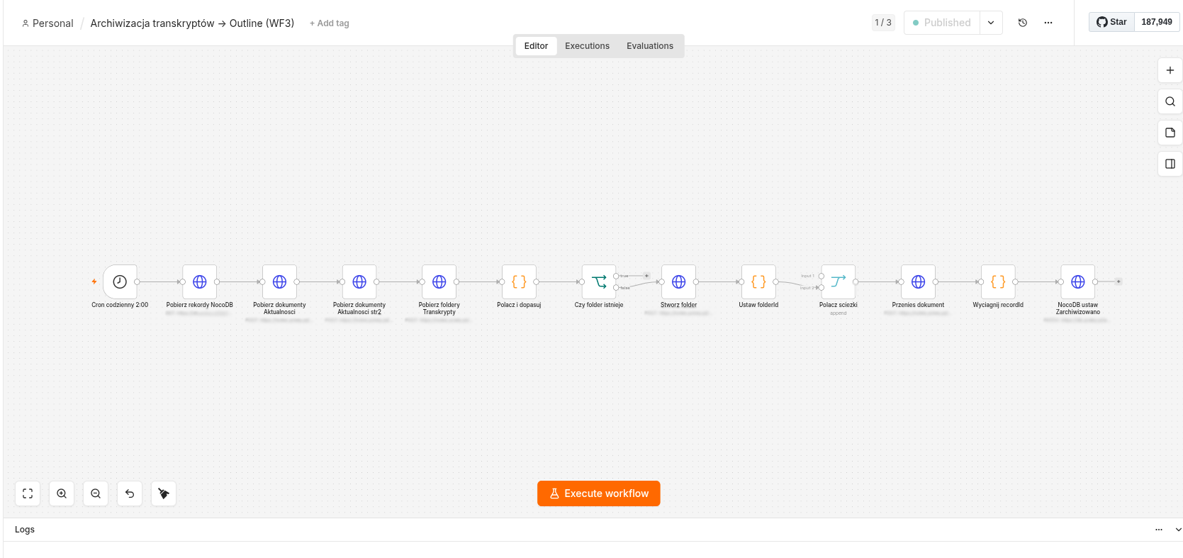 n8n WF3 — workflow archiwizacji transkryptów do Outline