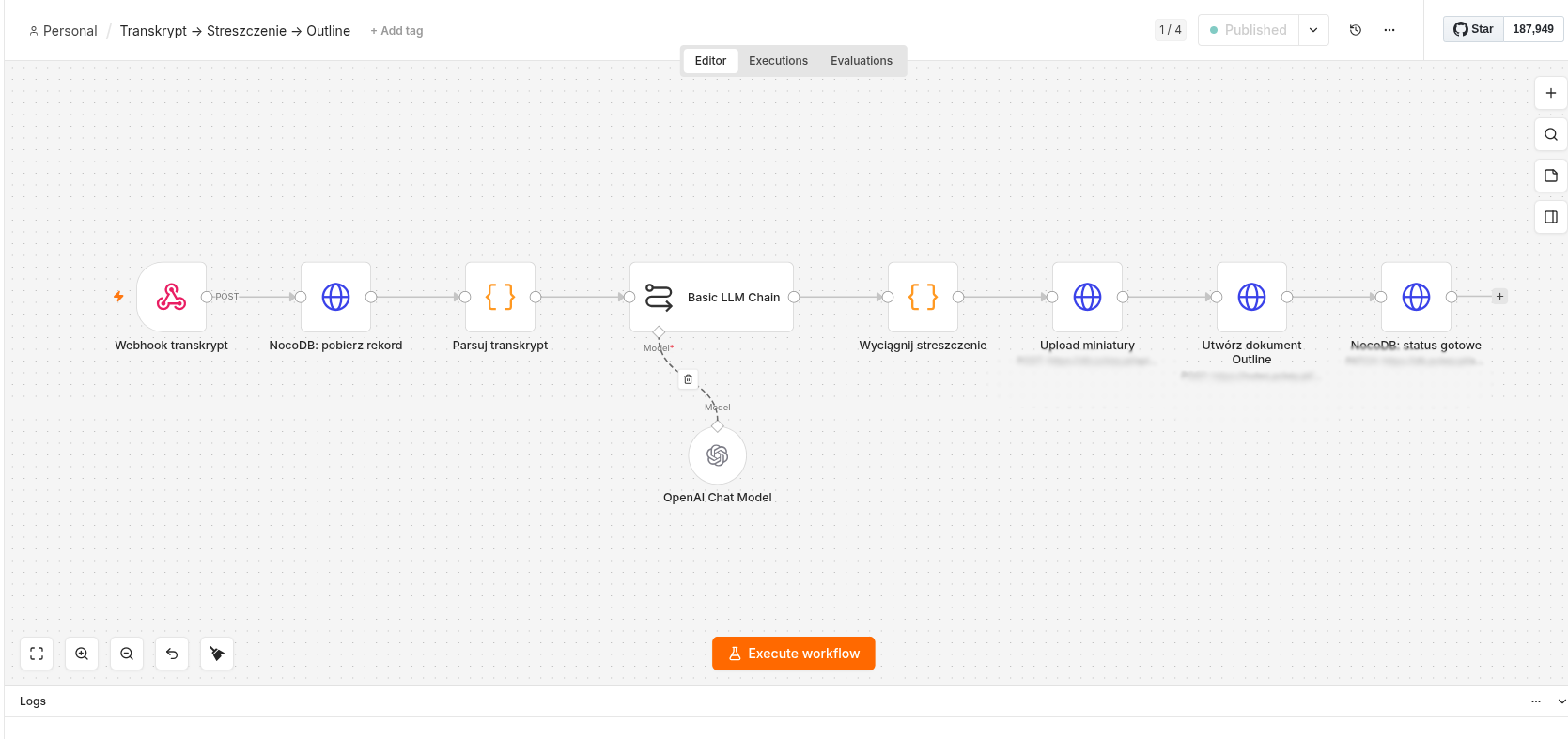 n8n WF2 — workflow generowania streszczenia i zapisu do Outline