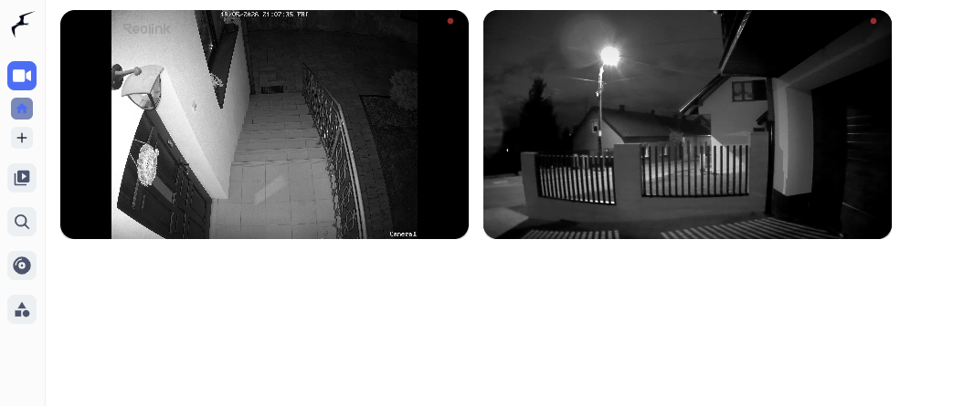 Frigate NVR — podgląd live dwóch kamer w trybie nocnym